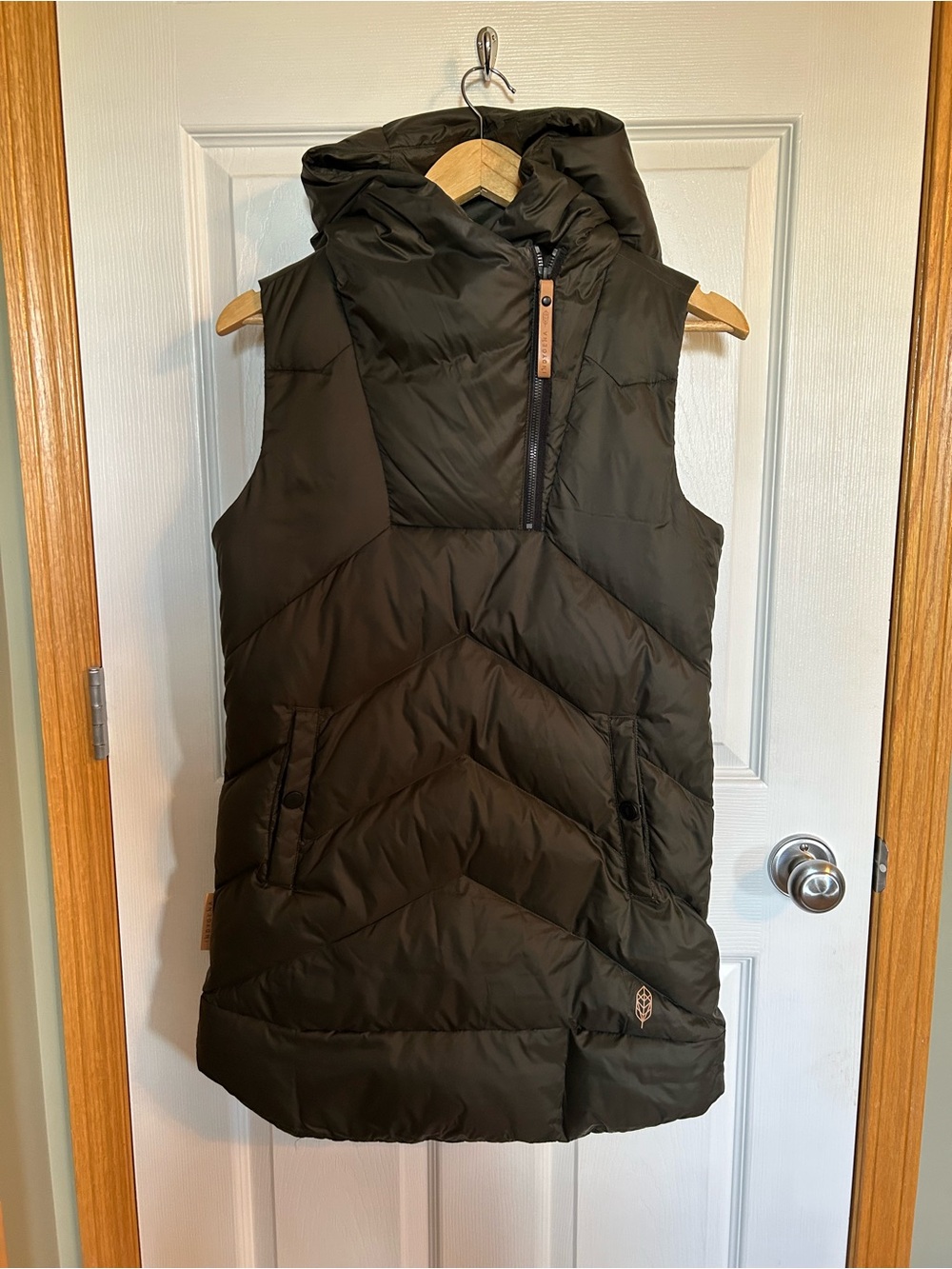 Sleeveless Hooded Puffer Vest in Olive for Women